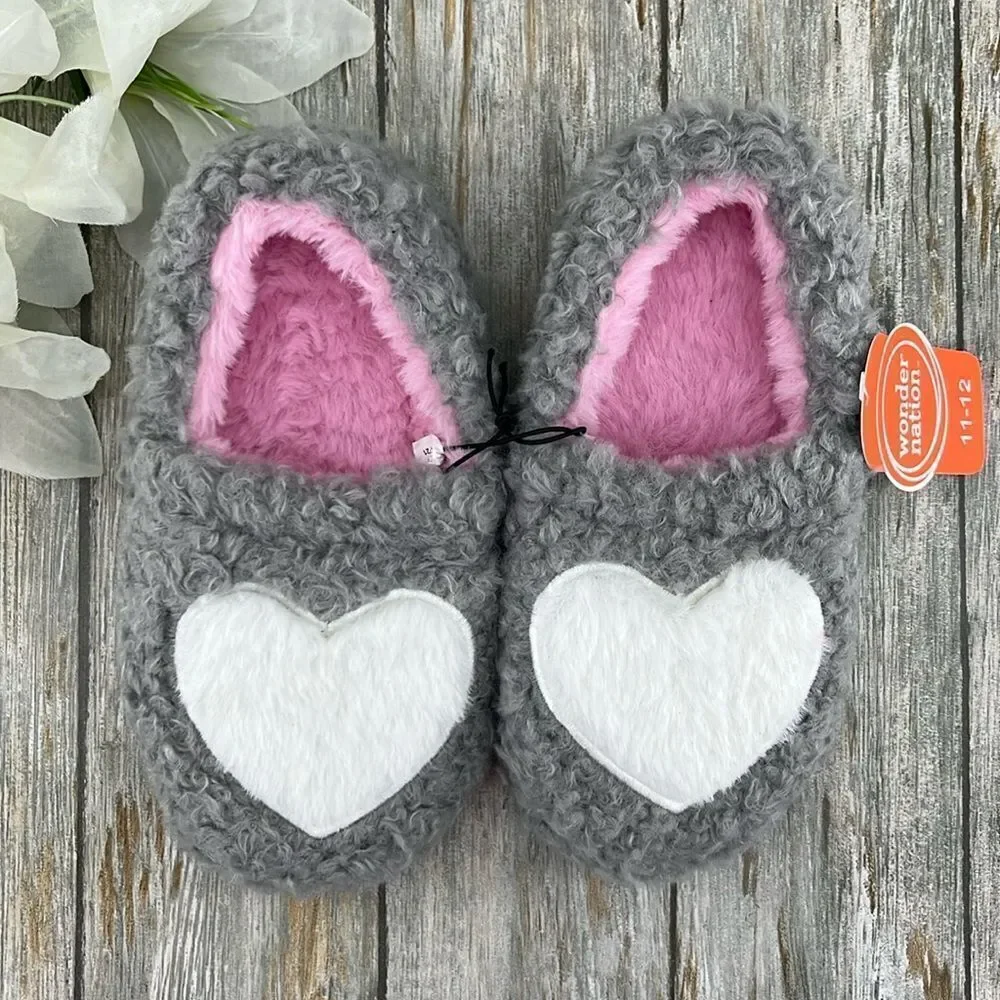 Toddler Girls Sherpa Faux Fur Fuzzy Heart Slippers Shoes Size 11/12
